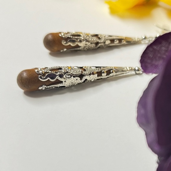 Earrings, Rich, wooden drop  wrapped in silvery filigree  cover. New. Length 2” - Picture 3 of 4